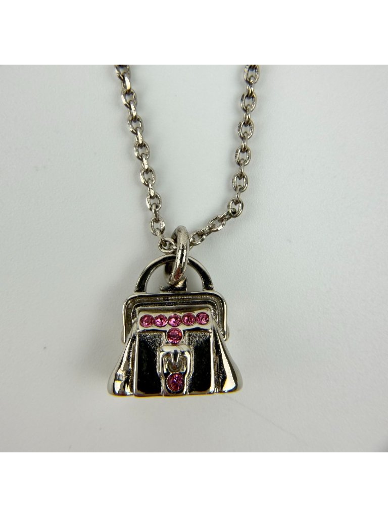Celine Bag Motif Necklace Plated Rhinestone Silver Pink Vintage